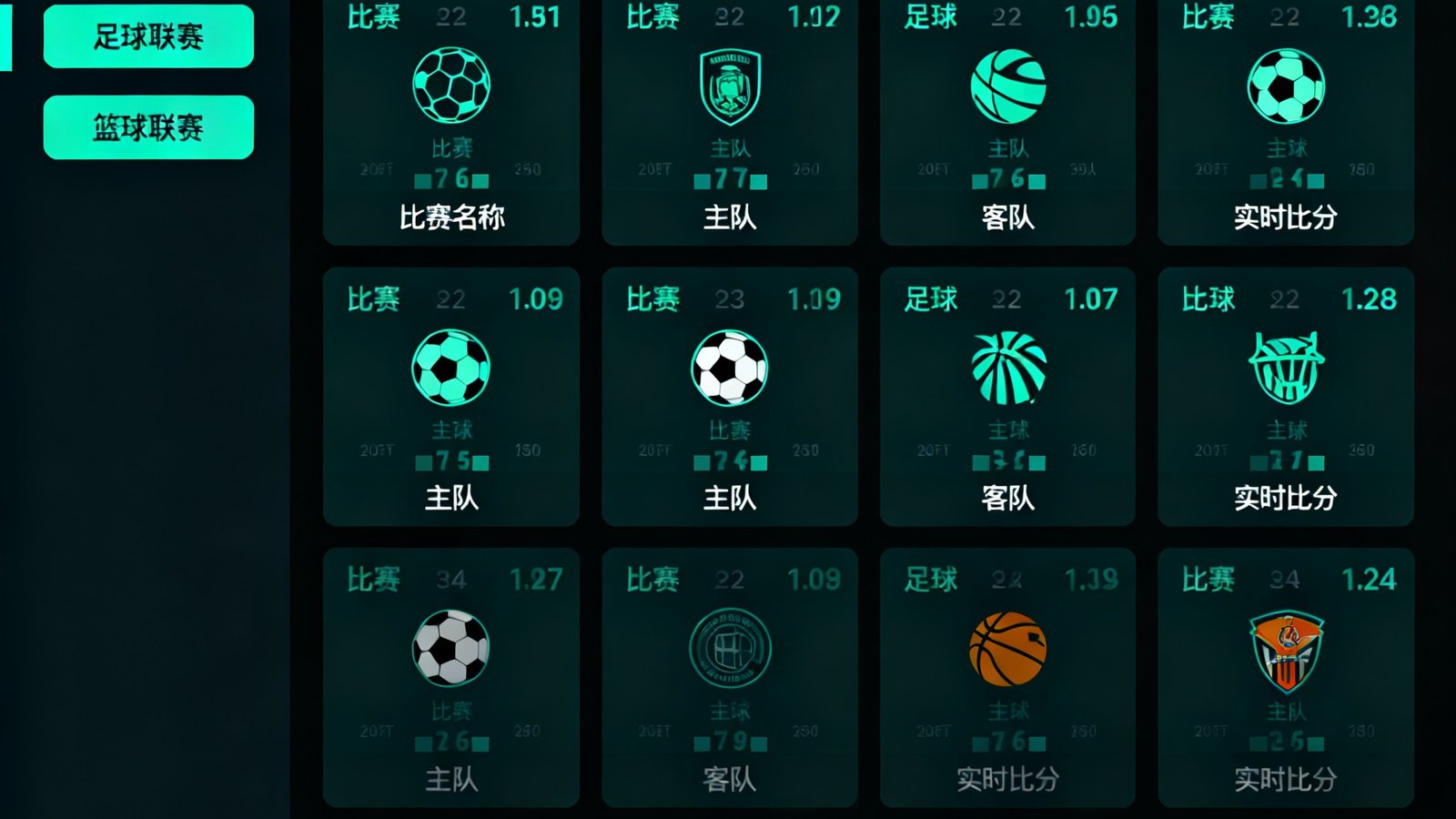 500比分平台实时数据仪表盘界面，展示多场足球和篮球比赛的同时进行比分更新，界面采用深色主题配翡翠绿高亮，左侧显示联赛筛选栏，中央为比分卡片网格布局，顶部有实时比分滚动条